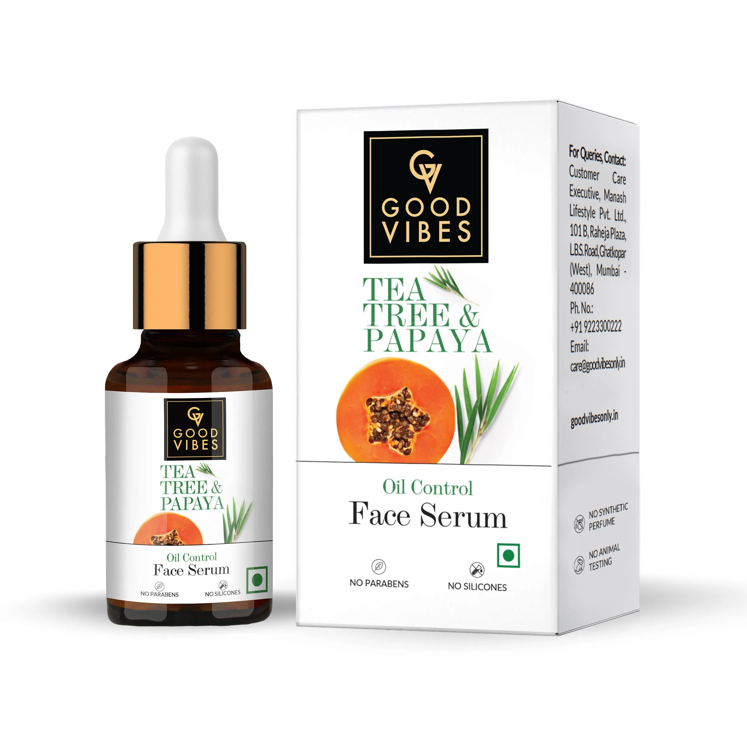 Good Vibes Tea Tree & Papaya Oil Control Face Serum | Even Skin Tone, Brightening | With Castor Oil | No Parabens, No Sulphates, No Mineral Oil (10 ml)