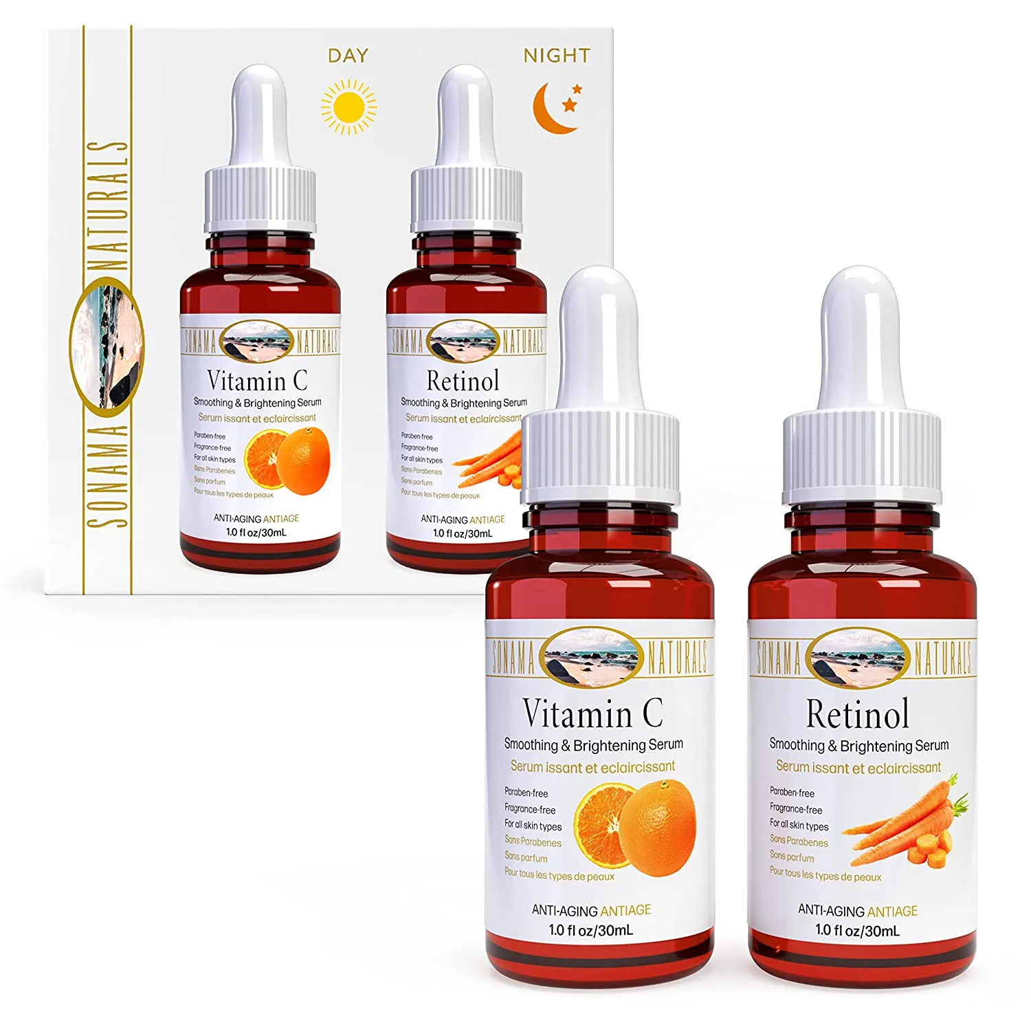 Sonoma Naturals Day & Night (Vitamin C/Retinol) Serum Set for Face, 2 oz